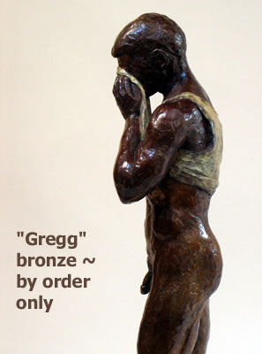 Gregg is a bronze sculpture of a standing man wiping his face with his tank top.  Orders only