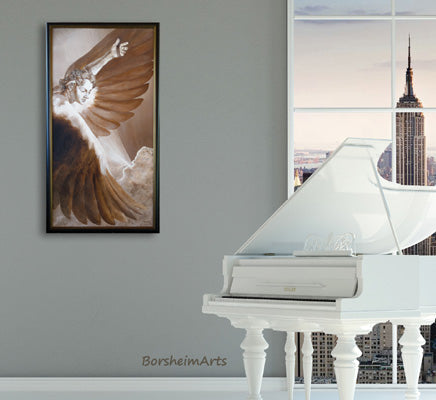 framed print of The Triumph of Icarus, in a room with a white piano