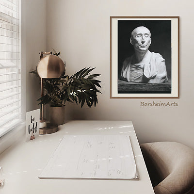 Charcoal and white pastel drawing of a portrait of a man, a copy of a sculpture by Donatello, in a home office scene