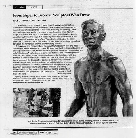 Reginald, a bronze sculpture of a black man walking featured in Austin American Statesman newspaper as part of art exhibit