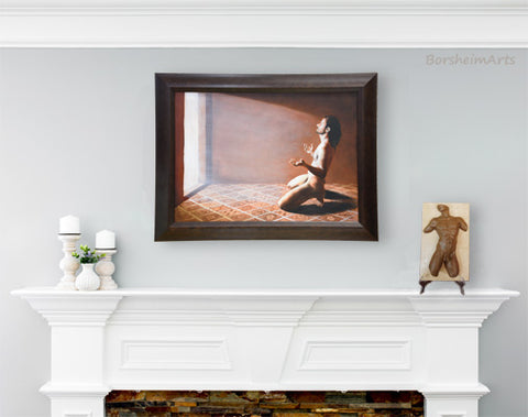 figure oil painting of man on his knees, accepting the light, Relinquish, with bronze sculpture Valentine on the mantel