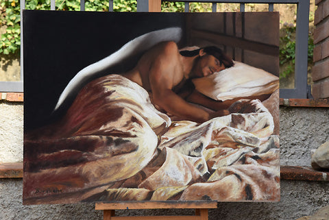 pastel drawing of sleeping man with rustled sheets and an angel wing showing in the shadows, male nude art