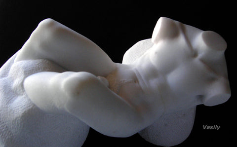 Male torso nude carved from white marble, sculpture by Vasily Fedorouk