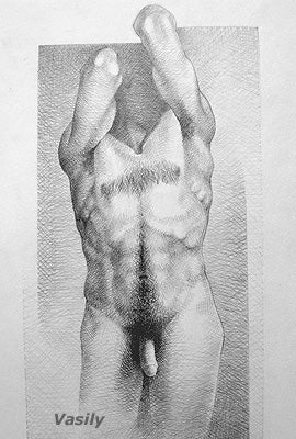 Full frontal male nude pencil drawing, self portrait of artist Vasily Fedorouk
