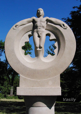 abstract sculpture of male figure nude with arms extended over a circle of stone