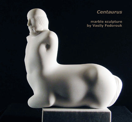 Centaur marble carving self-portrait of artist in stone sculpture by Vasily Fedorouk