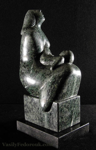 Maternity II Mother and Child stone carving in dark green marble by Vasily Fedorouk