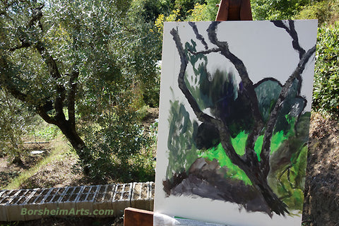 laying in the various green colors and tones after having sketched the composition of a tree in charcoal on wood. art by Kelly Borsheim