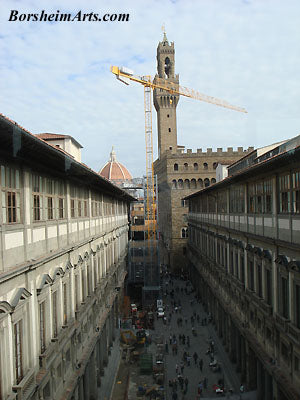 The Palazzo Vecchio in Florence, Italy, with the Gallery degli Uffizi below