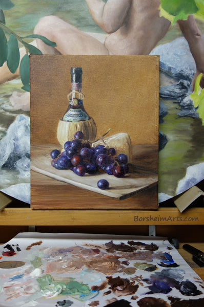 Chianti Wine, Cheese, and Grapes Still Life Oil Painting in front of painting palette
