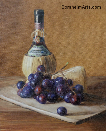 Chianti Wine Grapes and Cheese Still Life Painting Italian Foods