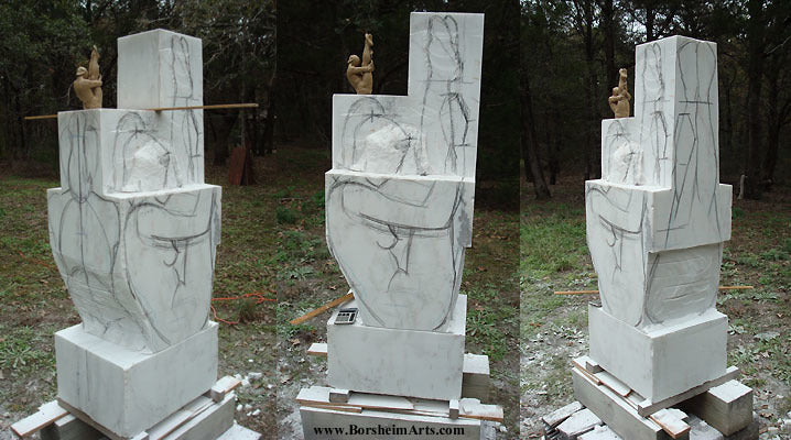 Three views of drawing on marble as a DIRECT CARVER stone carving process Gymnast sculpture