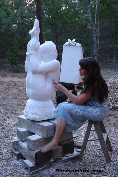 Portrait of the artist by her mother while Borsheim and Cat polish Marble Statue Gymnast