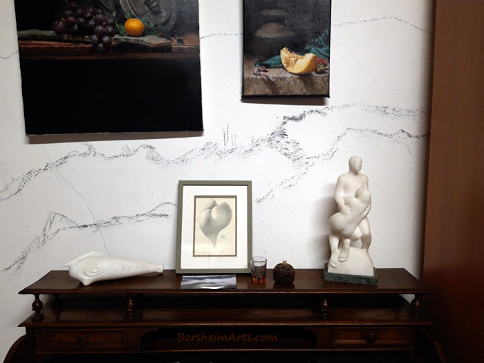 Close-up image of the BEFORE mural wall with white sculptures in my personal art collection by Vasily Fedorouk