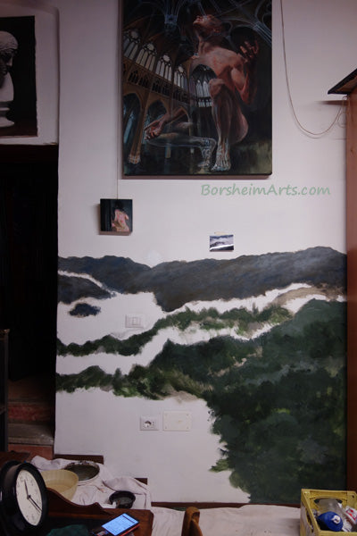 Mural painting progress.  Near the bottom, I must decide what I leave as white clouds and what dark hills.