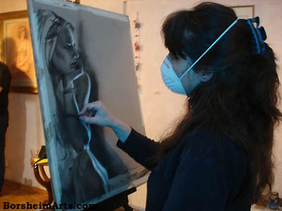 Nightwatch Live Model Session with Nude Female Model Charcoal Drawing with Mask due to allergies