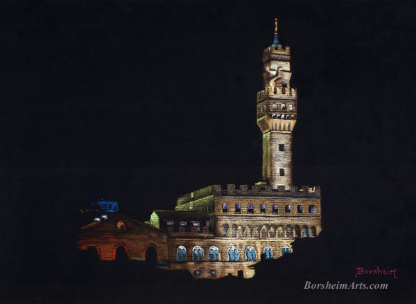 "Palazzo Vecchio" 18" x 25" Pastel on black Firenze paper by artist Kelly Borsheim