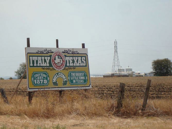 Billboard from IH-35 indicating Italy, Texas . . . seemed destiny to connect the two places