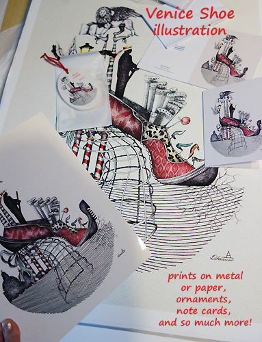 Venice inspired illustration with shoe fashion prints on metal, paper, wood, and other products are available