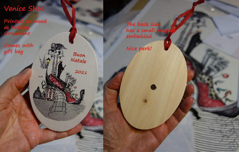 Christmas ornament in wood, red ribbon, gift bag on drawing Venice Shoe