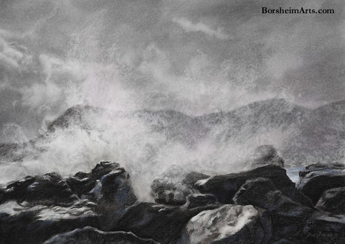 Splash Waves Cinque Terre Italy Fine Art Print of Charcoal