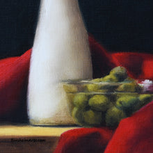 Laden Sie das Bild in den Galerie-Viewer, Detail of Green Olives in Transparent Glass Bowl, Olives and Oil ~ Still Life with Red Fabric
