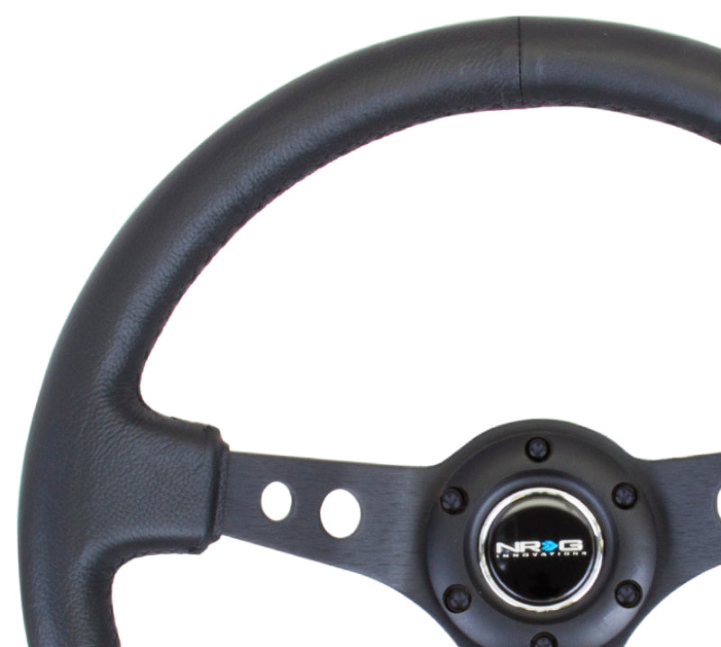 NRG Reinforced Steering Wheel (350mm / 3in. Deep) Blk Leather w/Blk Spoke & Circle Cutouts-Steering Wheel-NRG-garagisticplus