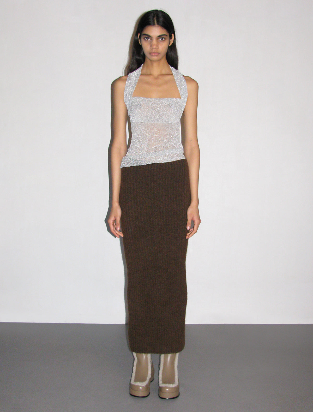 FLORA- Silver long knitted with sleeved neckline sheer, delicate boat top