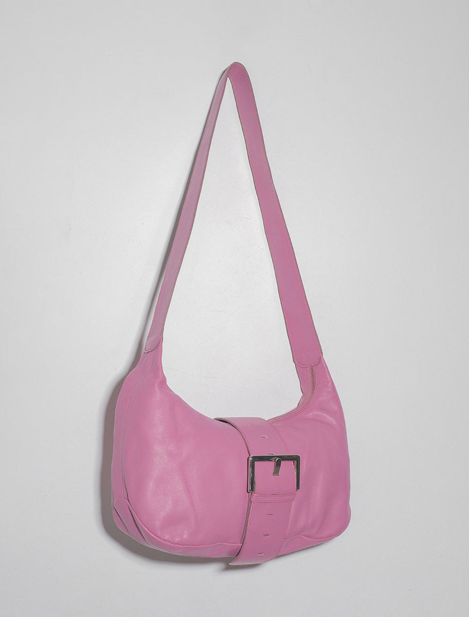 LEONORA-Pink shoulder bag with wide strap and a large buckle