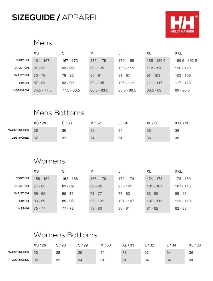 Helly Hansen Size Chart  Portwest - The Outdoor Shop