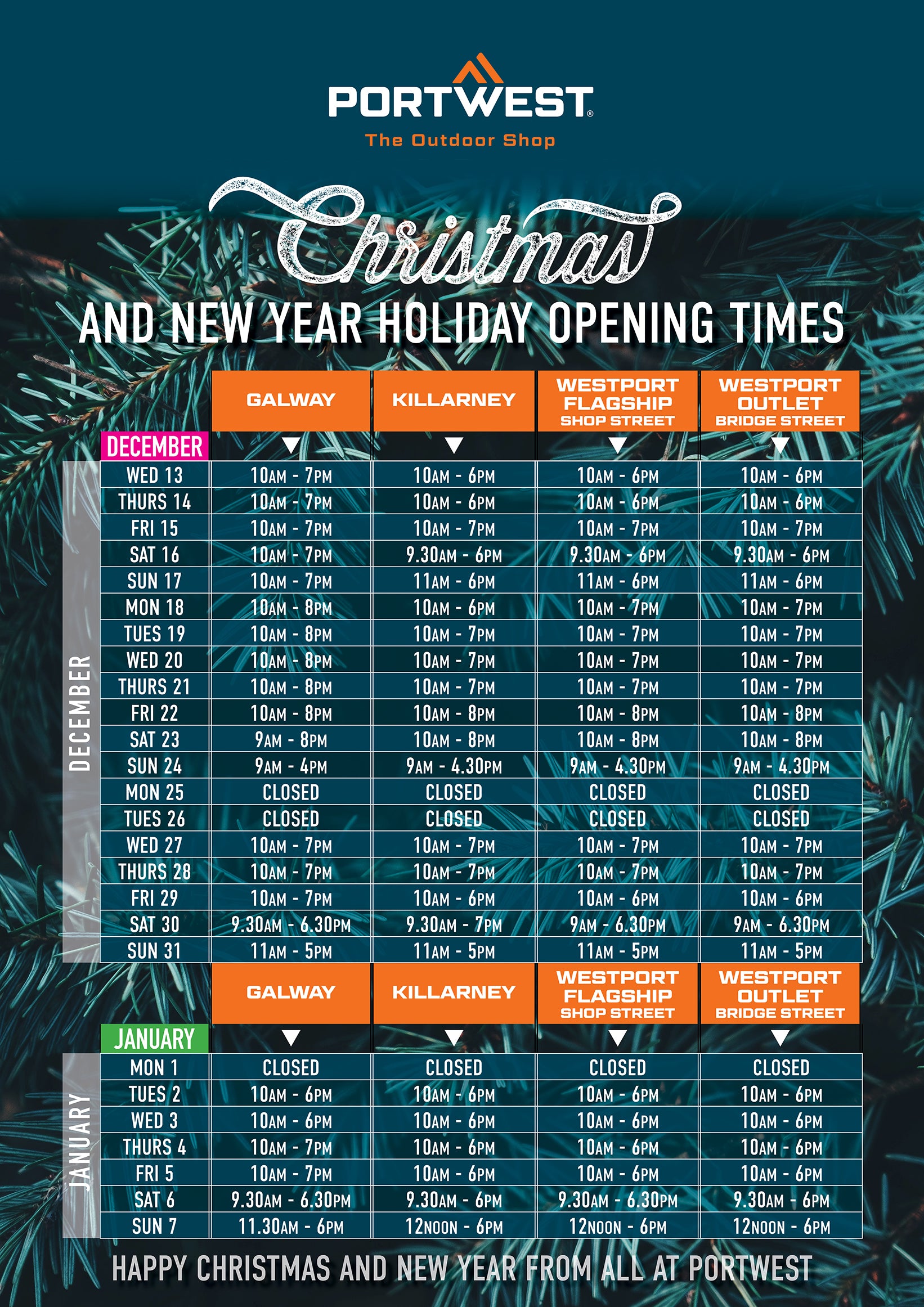 Christmas and New Years Opening Hours from Portwest - The Outdoor Shop