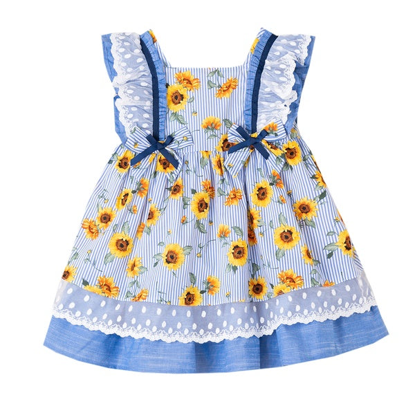 ❤️ Vestido color azul con girasoles para niña| Newness | Marioneta moda.