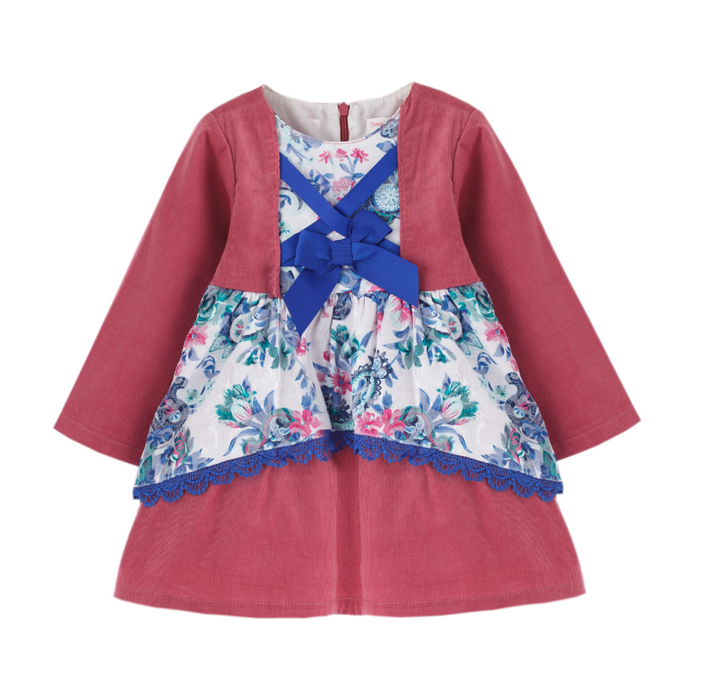 ❤️ Vestido color rosa manga larga combinado de azul rey y flores para bebe  niña | Newmess | Marioneta moda.
