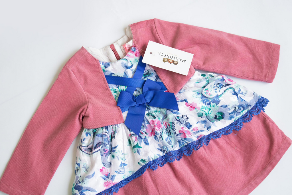 ❤️ Vestido color rosa manga larga combinado de azul rey y flores para bebe  niña | Newmess | Marioneta moda.
