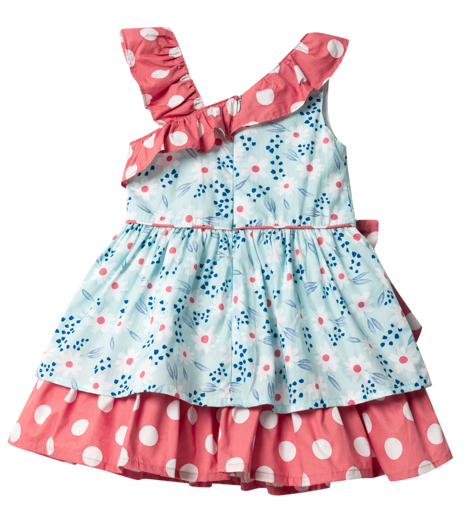 ❤️ Vestido azul floreado con rojos bolas blancas para niñas | Newness | Marioneta moda.