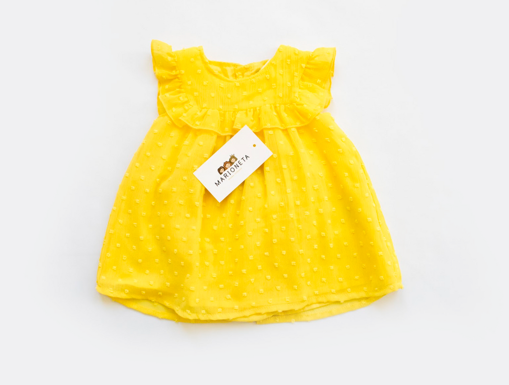 ❤️ Vestido de plumiti y braguita color amarillo para bebe | LOSAN | Marioneta moda.