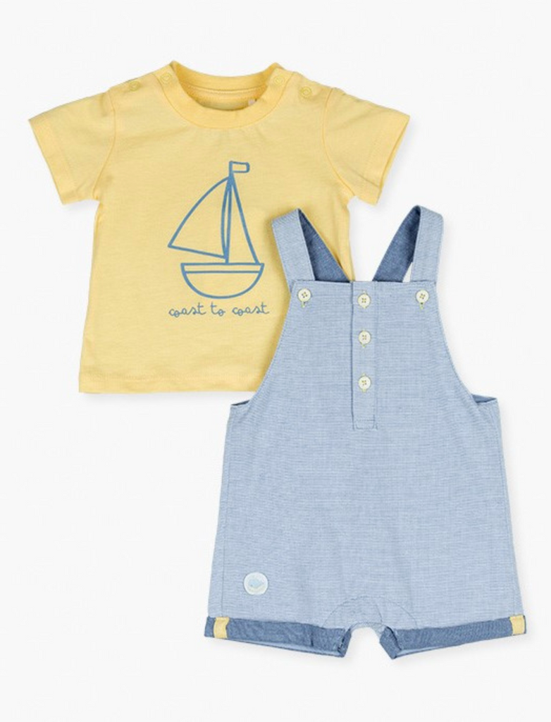 ❤️ Conjunto dos piezas peto azul rayas y playera amarilla con estampado para bebe niño |LOSAN | moda.