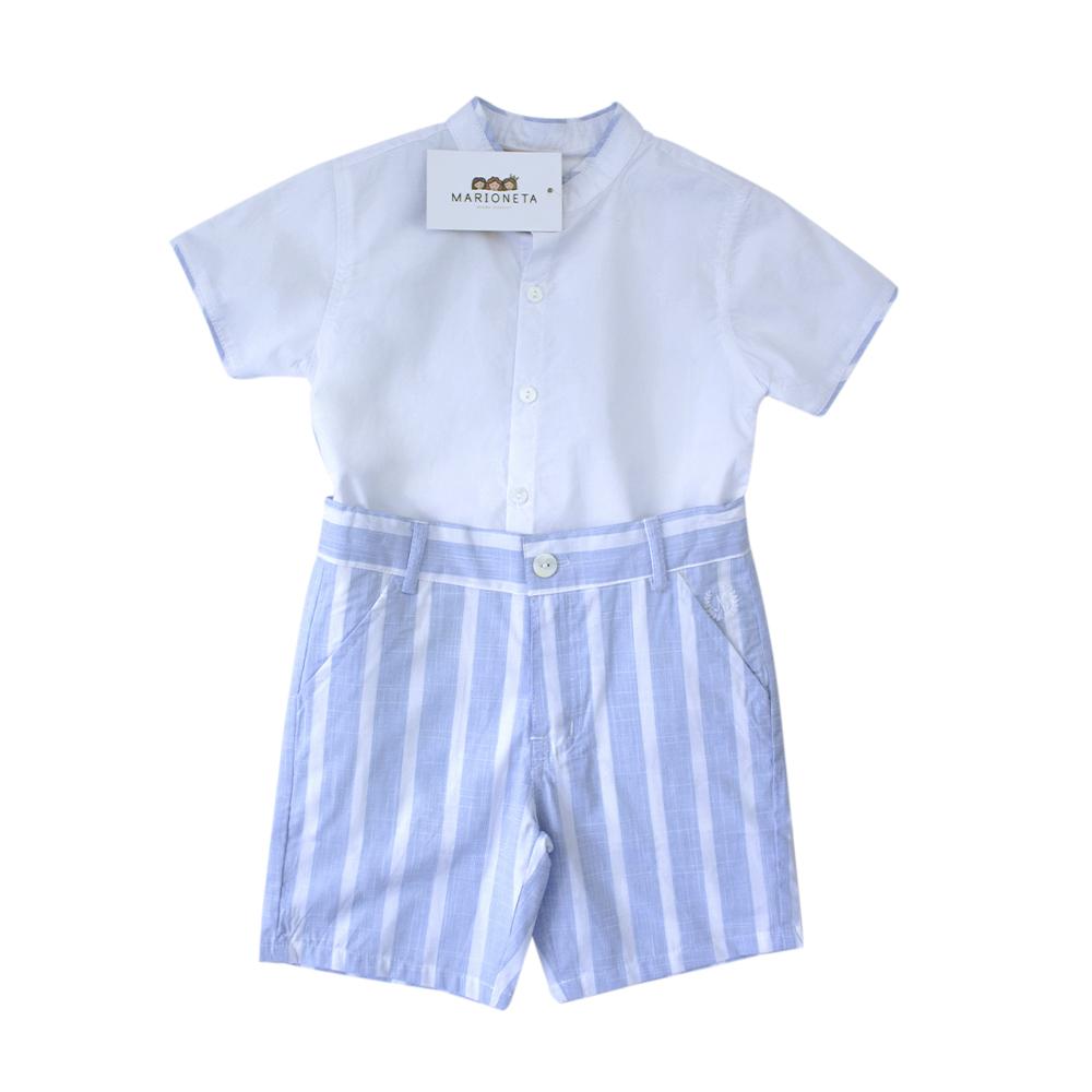 ❤️ Conjunto dos piezas short azul cielo a rayas camisa blanca para niño |  Newness | Marioneta moda.