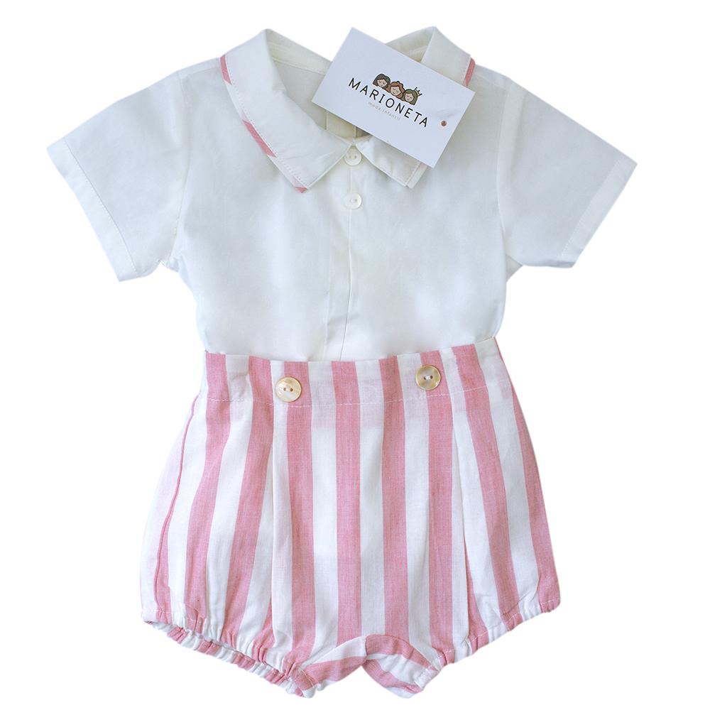 ❤️ Conjunto dos piezas camisa blanca y shor rosa con blanco para bebe niño  | Newness | Marioneta moda.