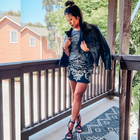 Fashion, style- Sequin skirt, with led zeppelin tee, leather jacket, and navy stilettos heels 