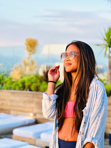 LA Style: sunglesses, light blue chambray coverup, pink band bikini