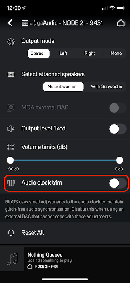 BluOS Setttings - audio clock trim