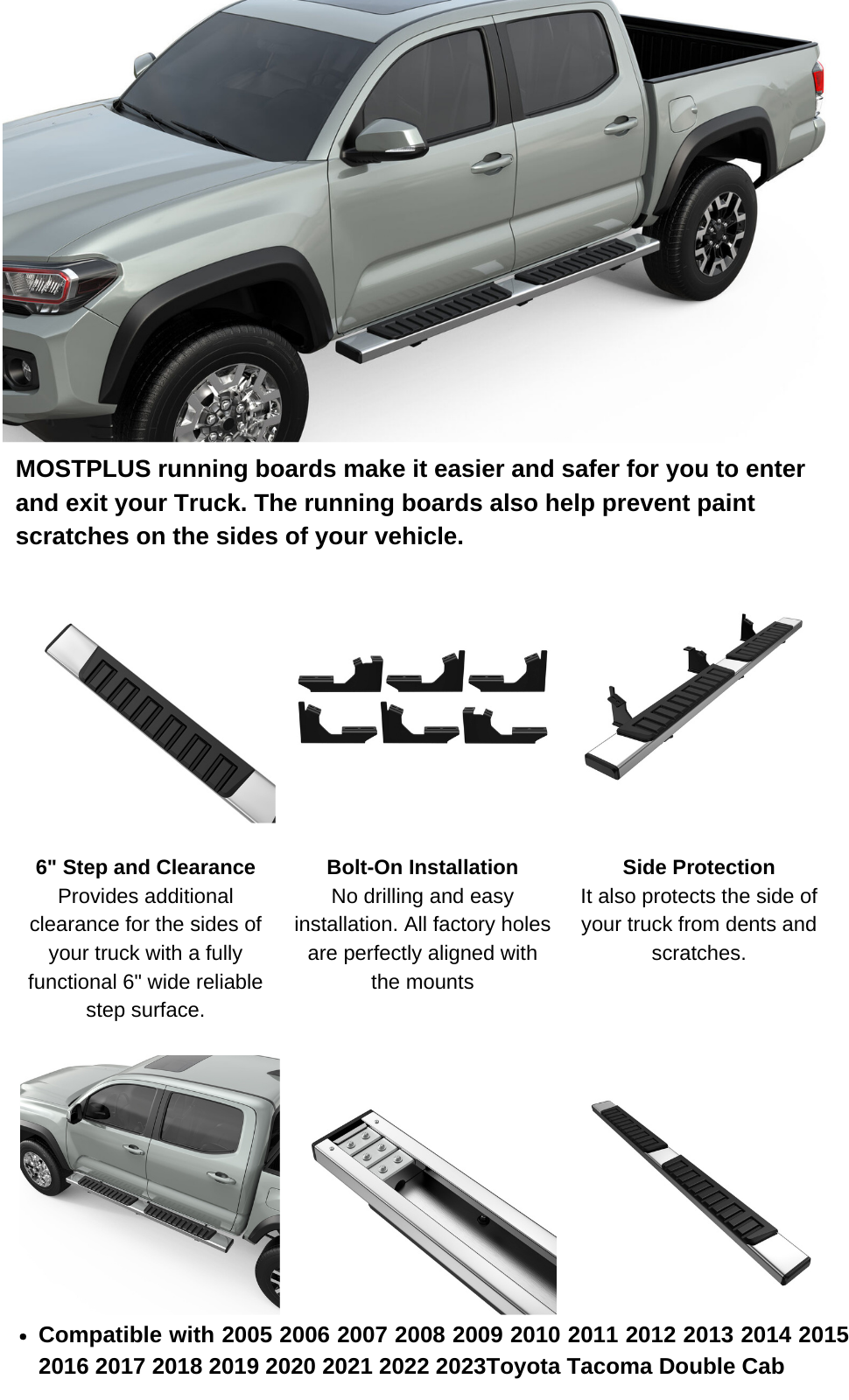 6 Running Boards For 2005-2023 Toyota Tacoma Double Cab 6 inch Nerf Bars Side Step