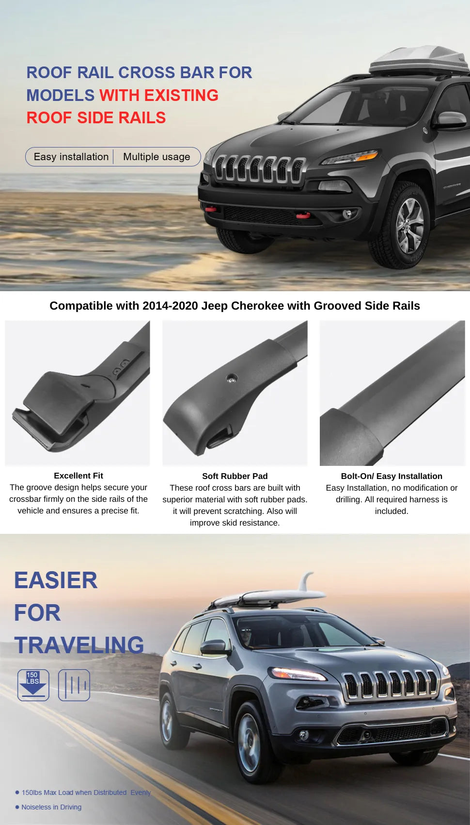 Roof Rack Cross Bar For 2014-2020 Jeep Cherokee with Grooved Side Rails