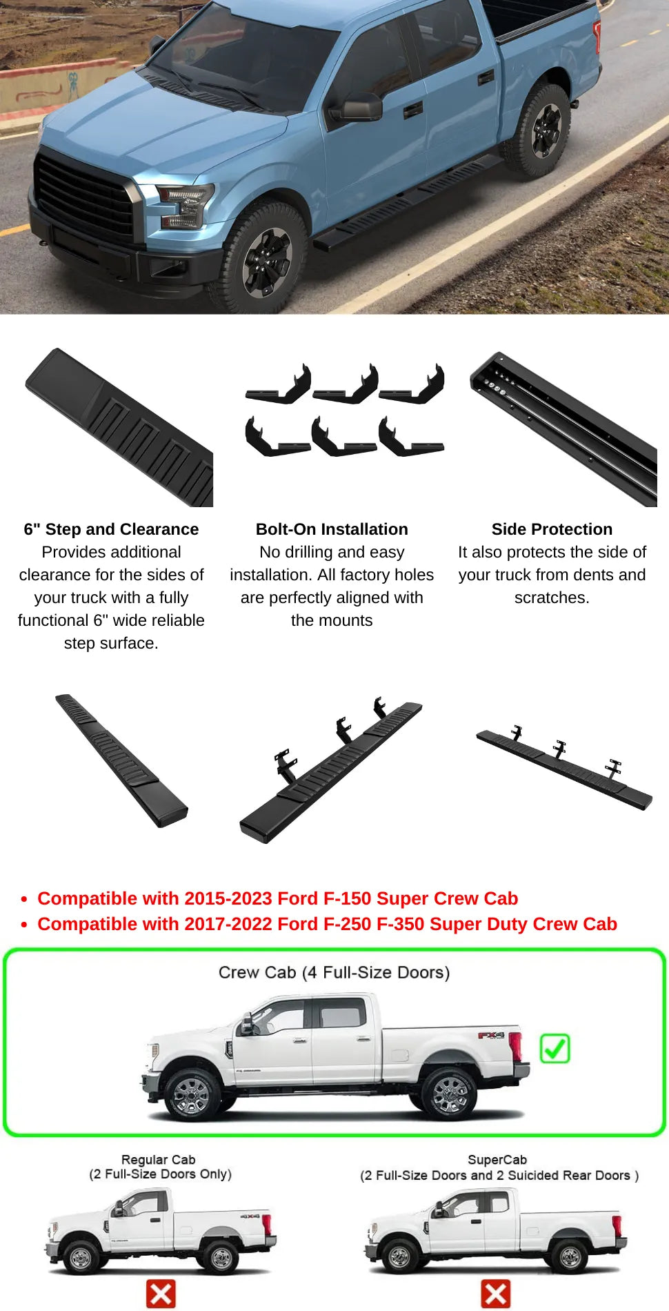 6" Running Boards For 2015-2023 F150 Super Crew Cab & 2017-2022 F250/F350 Super Duty Crew Cab 6 inch Nerf Bar Side Step LH+RH