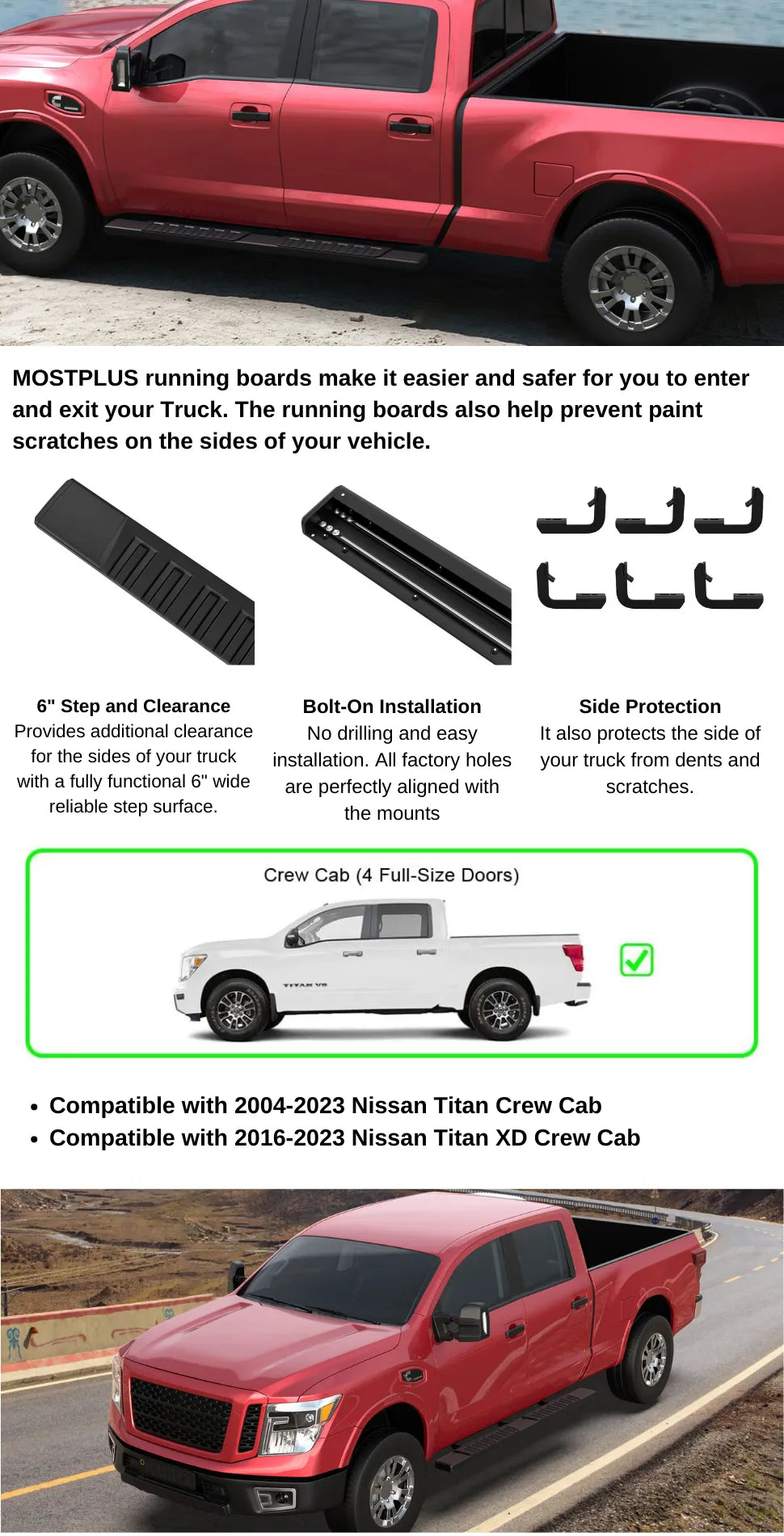 6" Running Boards For 2004-2023 Nissan Titan 2016-2023 Titan XD Crew Cab Side Step Nerf Bars