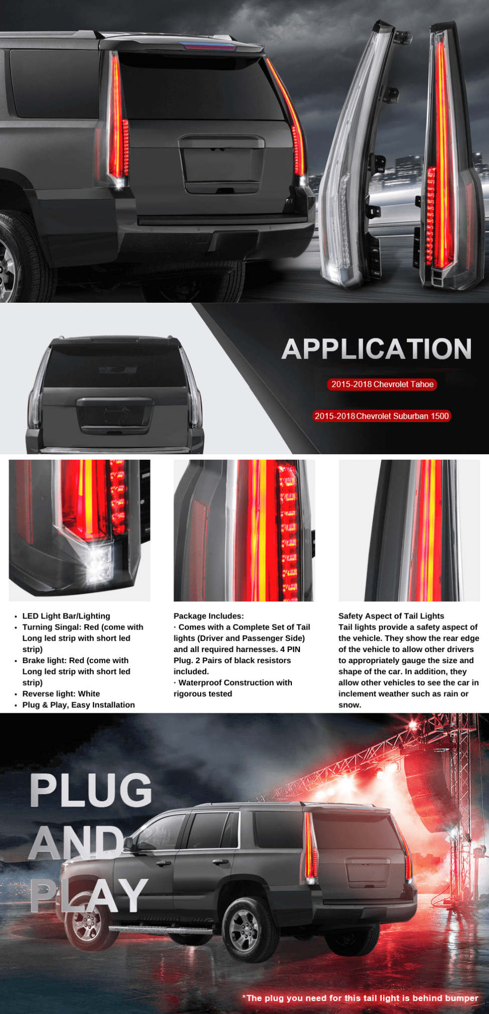 Transparent LED Tail Lights Rear lamp for 2015-2020 Chevrolet Chevy Tahoe Suburban Set of 2