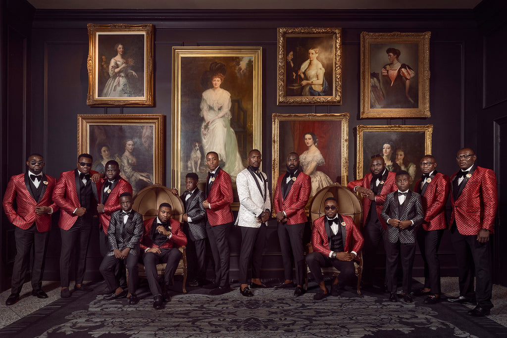 Andre Brown Photography groomsmen in library with paintings