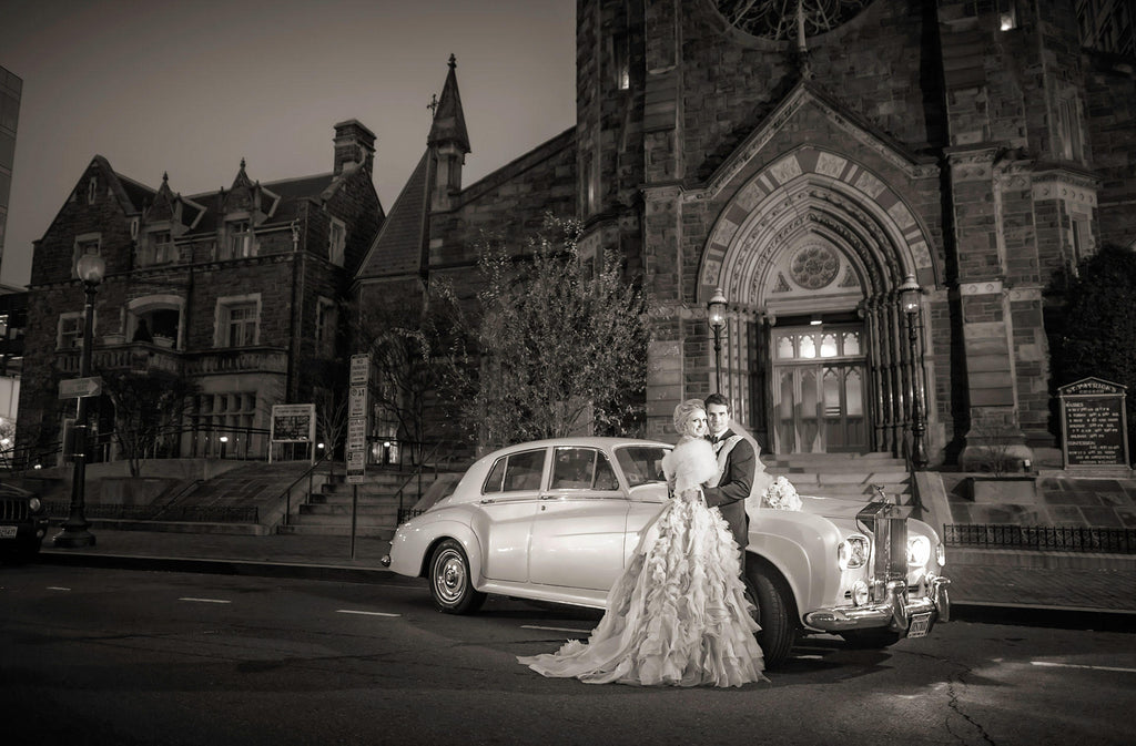 Greg Gibson bride and groom at night with Rolls Royce at St. Patrick's church