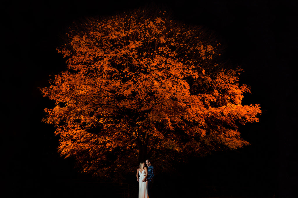 Jason Vinson bride and groom at night with red maple tree